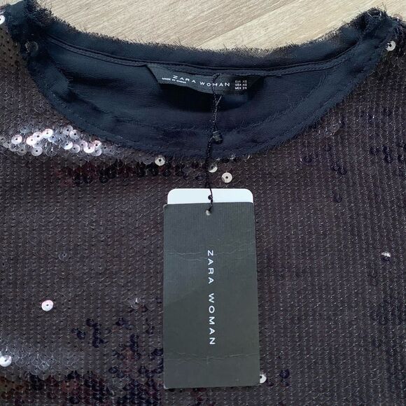 FINAL SALE Zara Woman Black Sequin Short Sleeve Tee NWT - Picture 2 of 5